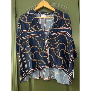 NWT Saylor Walton Nautical Status Print Top Resort Coastal Beach Deep Navy Small